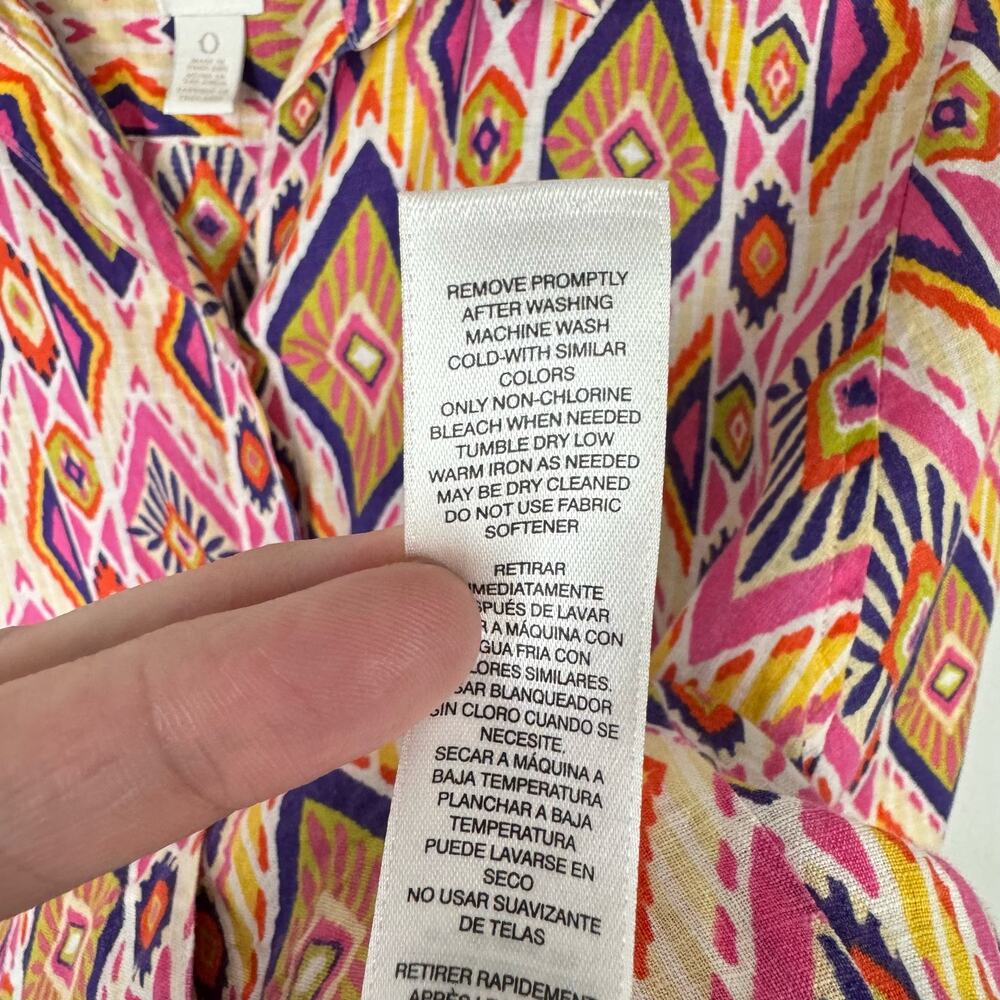 Chico's | Sz 0 Ikat 100% Linen Button-Back No Iron Colorful Button Up Shirt - Picture 13 of 14